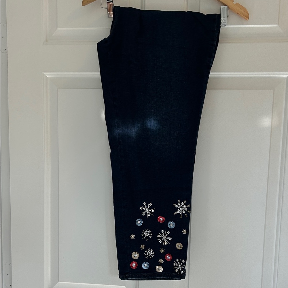 Chico's Black Ankle Jeans with Snowflake Embellishments